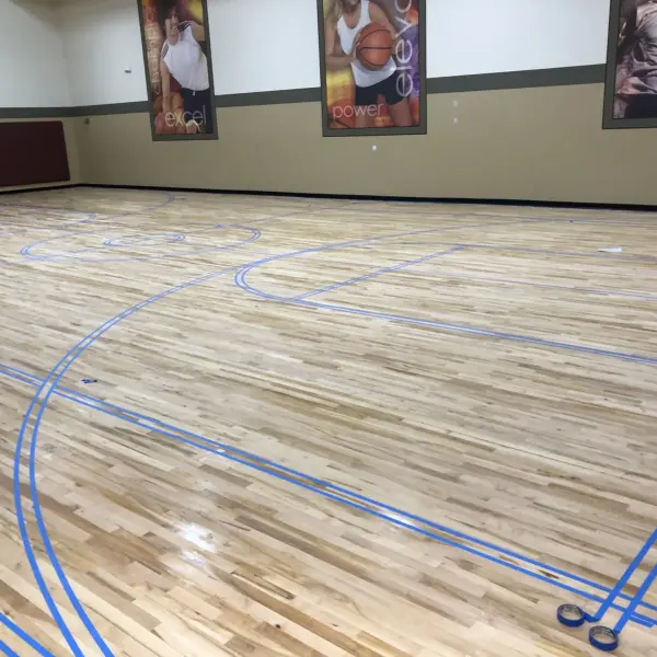 Basketball court line painting stencil another angle Chicago commercial gym FLOORecki