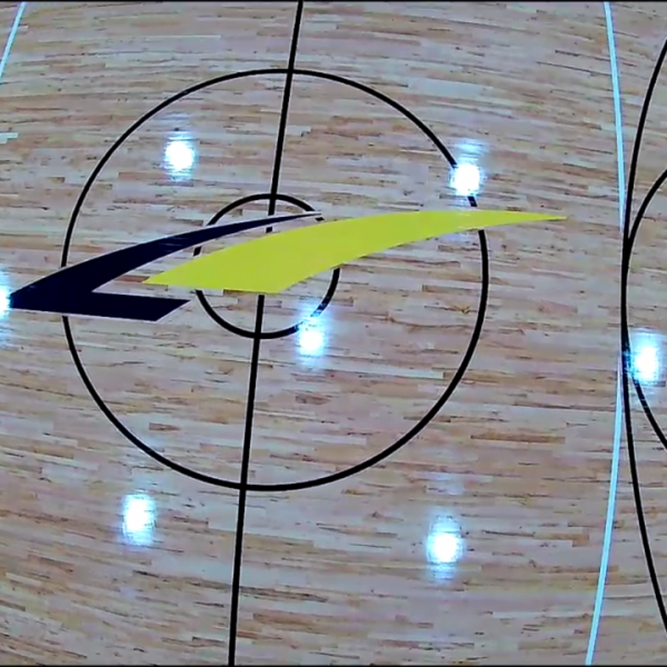 Completed LA Fitness basketball court hardwood floor restoration Chicago drone view