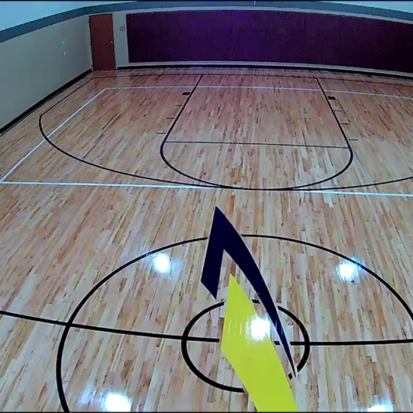 Finished commercial basketball court maple hardwood new lines logo Chicago