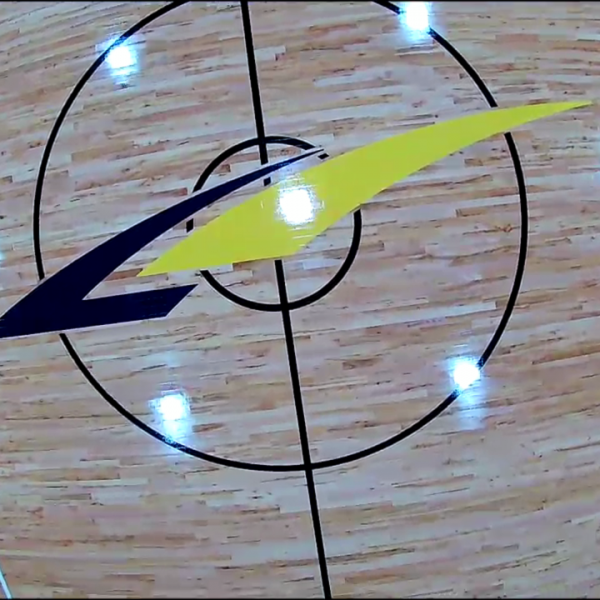 Custom logo painting commercial basketball court Chicago FLOORecki