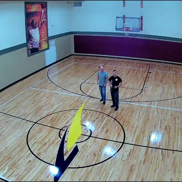 Basketball court refinishing with game lines and logo painted chicago gym contractor FLOORecki FLoors and Stairs