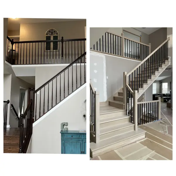 Before and after staircase rebuild with white oak treads – FLOORecki Floors & Stairs Before and after full staircase rebuild with square white oak treads, risers, posts, handrails, and black iron spindles in a Chicago home