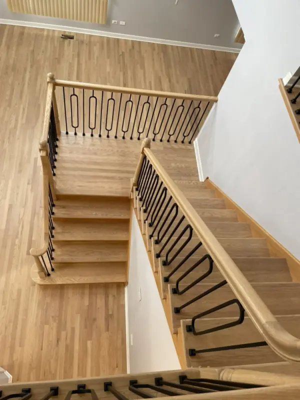 Natural Hardwood Floors & Stair Update in Glenview | FLOORecki Floors & Stairs Natural hardwood floors refinished with Bona NordicSeal and Bona Traffic HD, with updated staircase iron oval spindles in a Glenview home