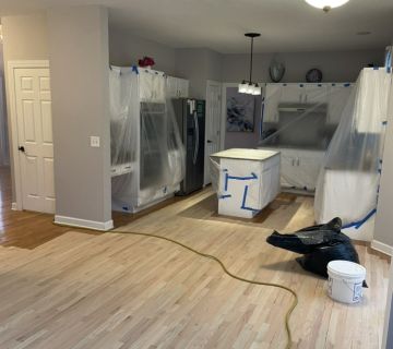 Floor Refinishing process, dustless protecting plastic sheeting on the kitchen FLOORecki FLoors and Stairs chicago contractor floor