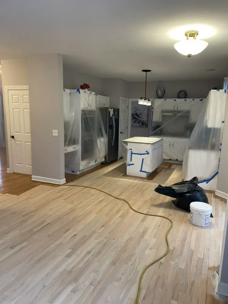 Floor Refinishing process, dustless protecting plastic sheeting on the kitchen FLOORecki FLoors and Stairs chicago contractor floor
