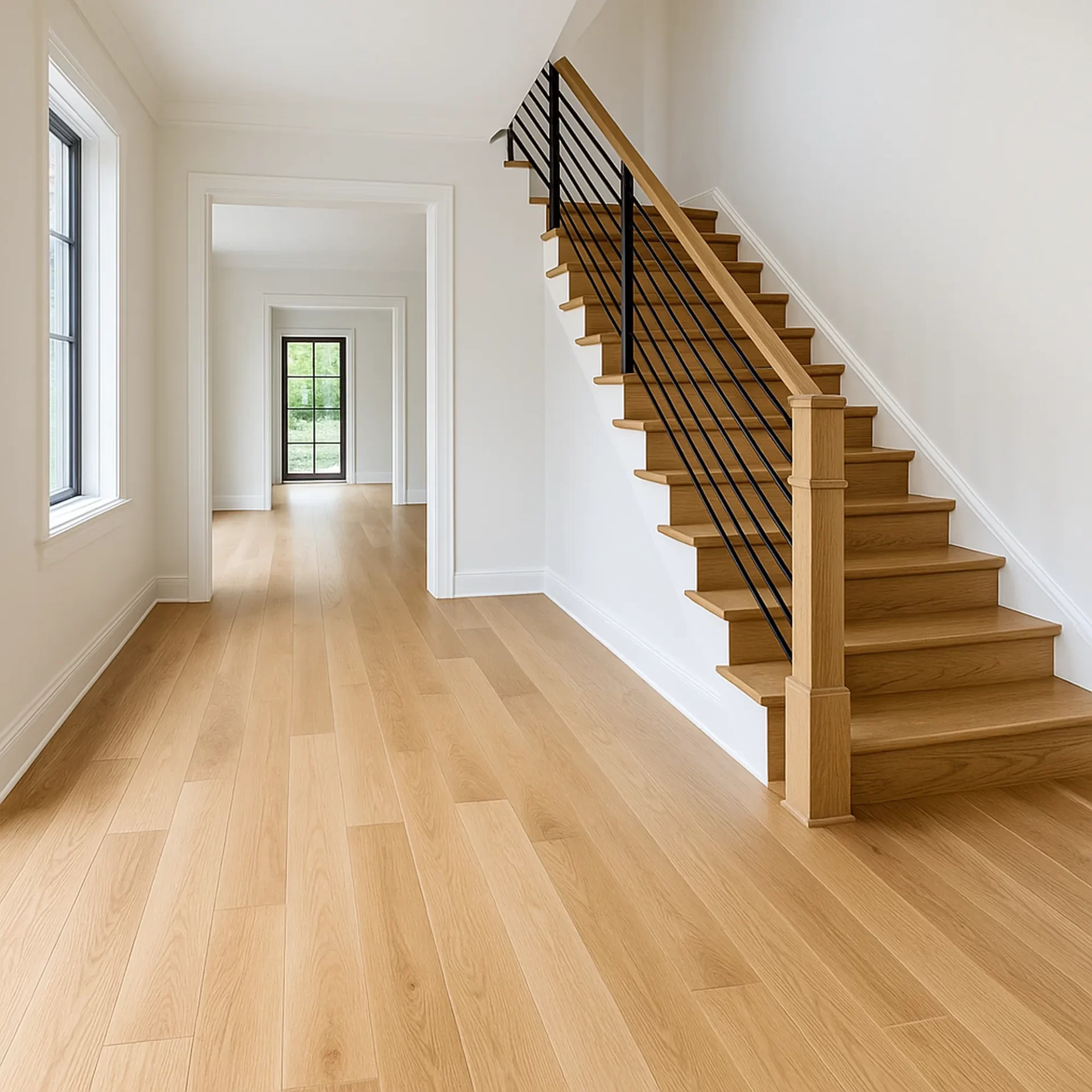 Modern hardwood floors and custom oak staircase with black metal railing in Chicago home