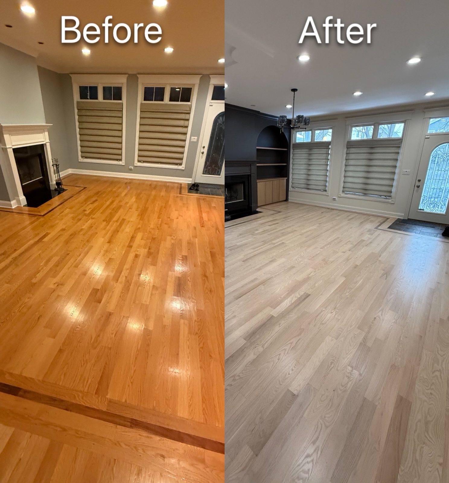 Living room hardwood floor refinishing before and after in Chicago — orange-toned red oak transformed to a light whitewashed gray finish